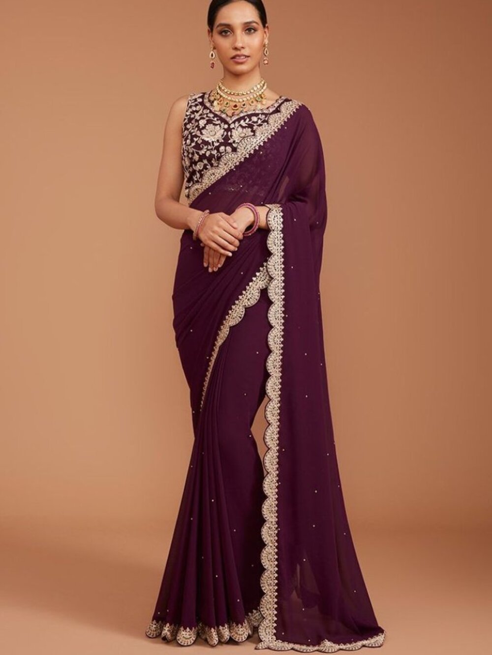 NEW Lashkaraa Deep Purple &Gold Embroidered Georgette Saree with Blouse